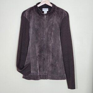 Pendleton Brown Suede Wool Jacket Womens L Tall Leather Full Zip Pockets Cottage